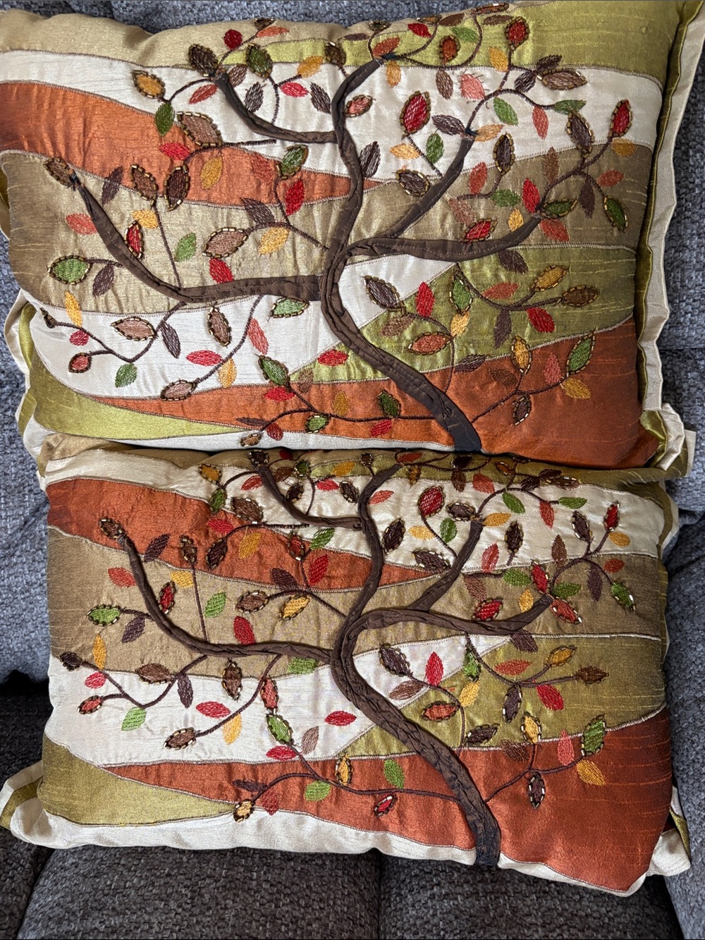 Pier 1 Embroidered Tree Accent Pillow - Green, Orange, Red, Brown, Cream